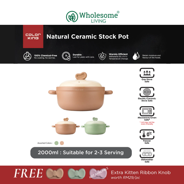 Color King LUNO Ceramic Stock Pot 2000ML FREE Silicone Kitten Ribbon Knob