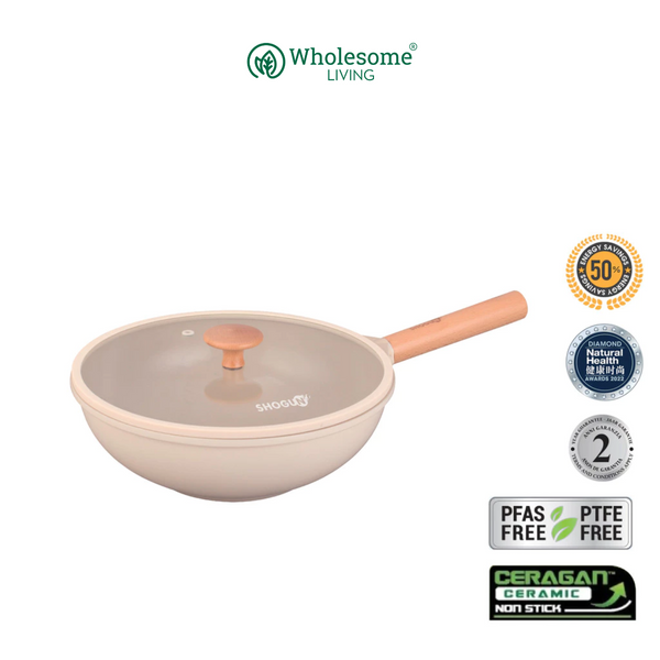 Shogun Ivory Ceragan 28cm Wok with Silicone Rim Glass Lid 3.8L