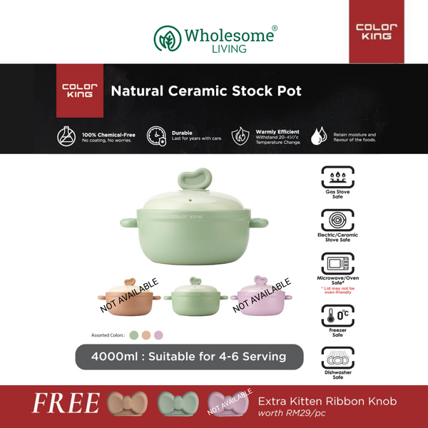 Color King LUNO Ceramic Stock Pot 4000ML FREE Silicone Kitten Ribbon Knob (GREEN)