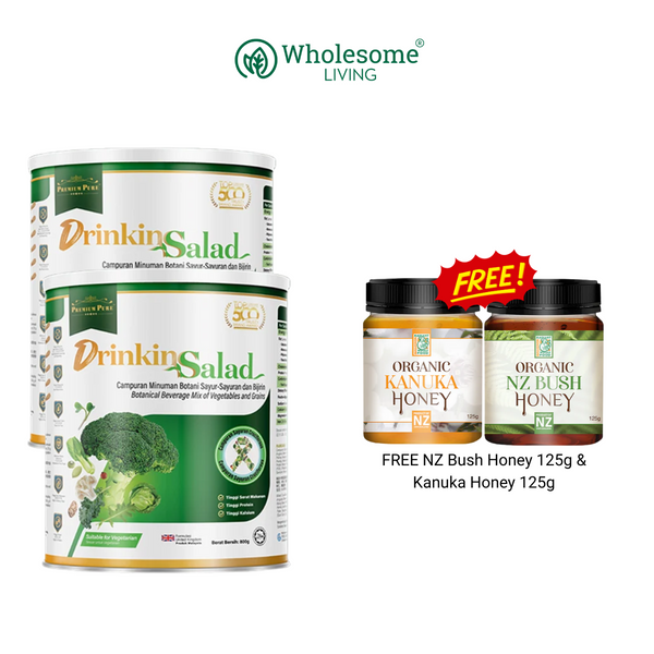 [BUY 2 FREE 2] Drinking Salad 800g x 2 FREE NZ Bush Honey + Kanuka Honey 125g