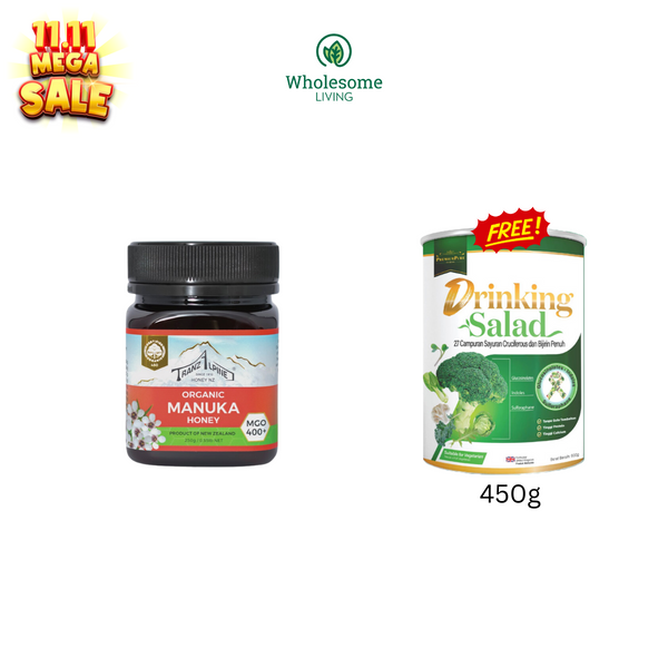 [11.11] TranzAlpine Organic Manuka Honey MG400+ (250g) x1 FREE Drinking Salad 450g x1